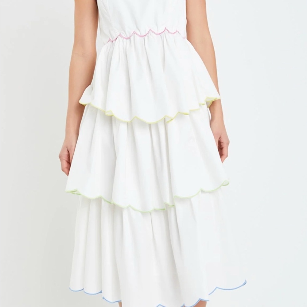 English Rose White Midi Dress with Colorful Scalloped Edges